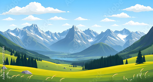 meadow mountain illustration, landscape vector, mountain scenery, green meadow, hills and mountains, nature landscape, summer meadow, valley illustration, scenic view, natural environment, rural lands
