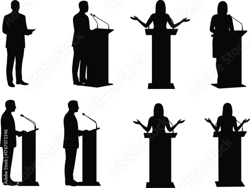 Public speaking silhouette vector illustration, seven speakers at podiums, formal presentation gestures, leadership and communication concept, debate and speech design