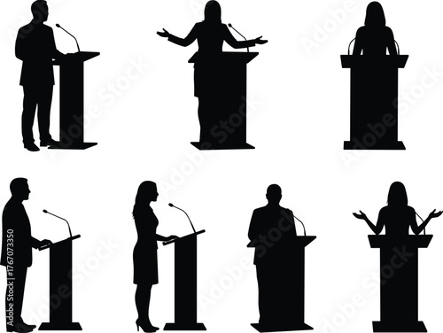Public speaking silhouette vector illustration, six speakers at podiums, formal presentation poses, leadership and communication concept, debate and speech design