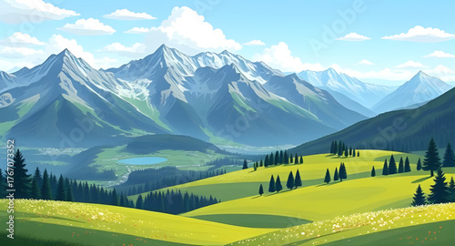 meadow mountain illustration, landscape vector, mountain scenery, green meadow, hills and mountains, nature landscape, summer meadow, valley illustration, scenic view, natural environment, rural lands