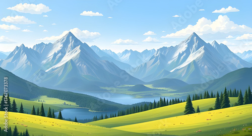meadow mountain illustration, landscape vector, mountain scenery, green meadow, hills and mountains, nature landscape, summer meadow, valley illustration, scenic view, natural environment, rural lands