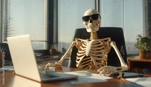 Skeleton businessman in sunglasses works on laptop at office desk. Dead employee sits in chair at modern workplace. Dark humor metaphor for corporate burnout, overtime stress, workaholic culture,
