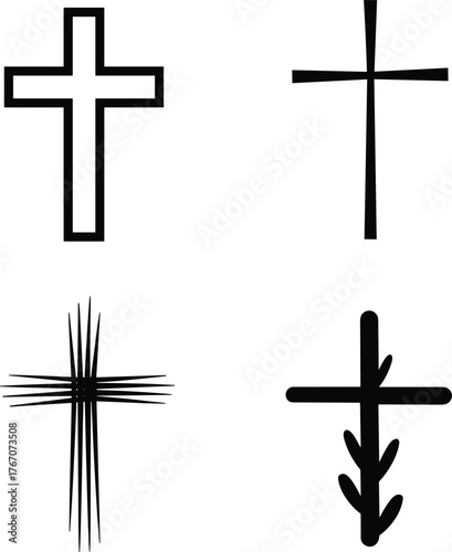 Cross symbol collection, bold outline cross, minimalist thin cross, spiky abstract cross, organic modern cross design, religious spiritual icon set