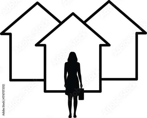 Silhouette businessman choosing house outline, real estate decision concept, property investment opportunity, housing market choice, home ownership, career lifestyle