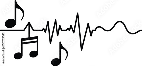 Music waveform with audio signal, heartbeat rhythm, sound frequency, digital equalizer, musical notes, technology background, abstract energy, soundwave illustration