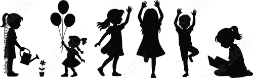 Children silhouettes playing, reading, dancing, jumping, balancing, watering plants, holding balloons, joyful childhood activities, education, growth, learning, happiness, fun, imagination
