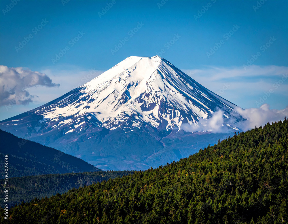 Fototapeta premium Majestic Villarrica Volcano - Snow-Capped Peak Rising Above Lush Green Forest, Chile.