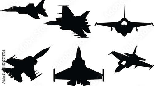 Fighter jet silhouettes, military aircraft shapes, aviation design, warplane outline, combat plane shadow, aerodynamics, defense technology, air force illustration, black icons