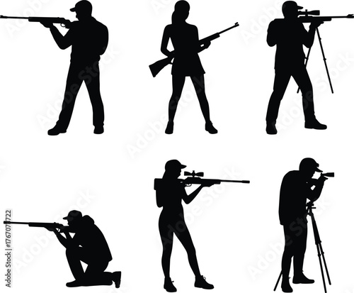 Silhouette soldiers with rifles, military shooting stances, tactical training poses, tripod sniper scope, combat readiness, firearm practice, defense illustration, army