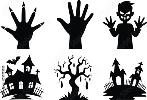 Halloween spooky silhouettes, haunted house, creepy tree, witch hand, scary monster face, horror night, dark gothic eerie illustration design