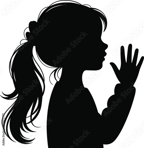 Silhouette child girl profile with ponytail, raised hand gesture, artistic shadow illustration, emotional expression, isolated black background, creative concept