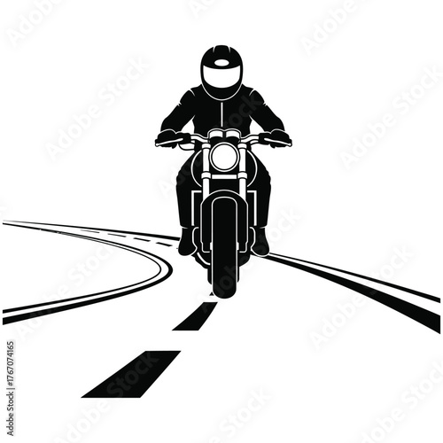 Motorcyclist riding a motorcycle on a paved road with lane markings and curves