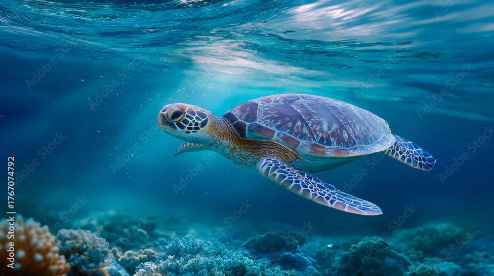 Fototapeta premium Underwater turtle swimming through vibrant coral reef waters