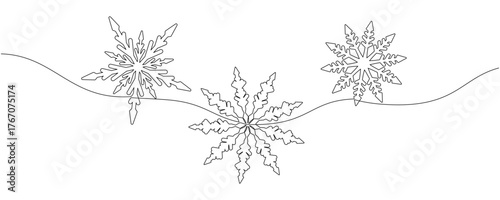 Single line art of Christmas ornament and snowflake. Elegant continuous drawing design for winter holiday celebration, New Year greeting, and seasonal decoration.