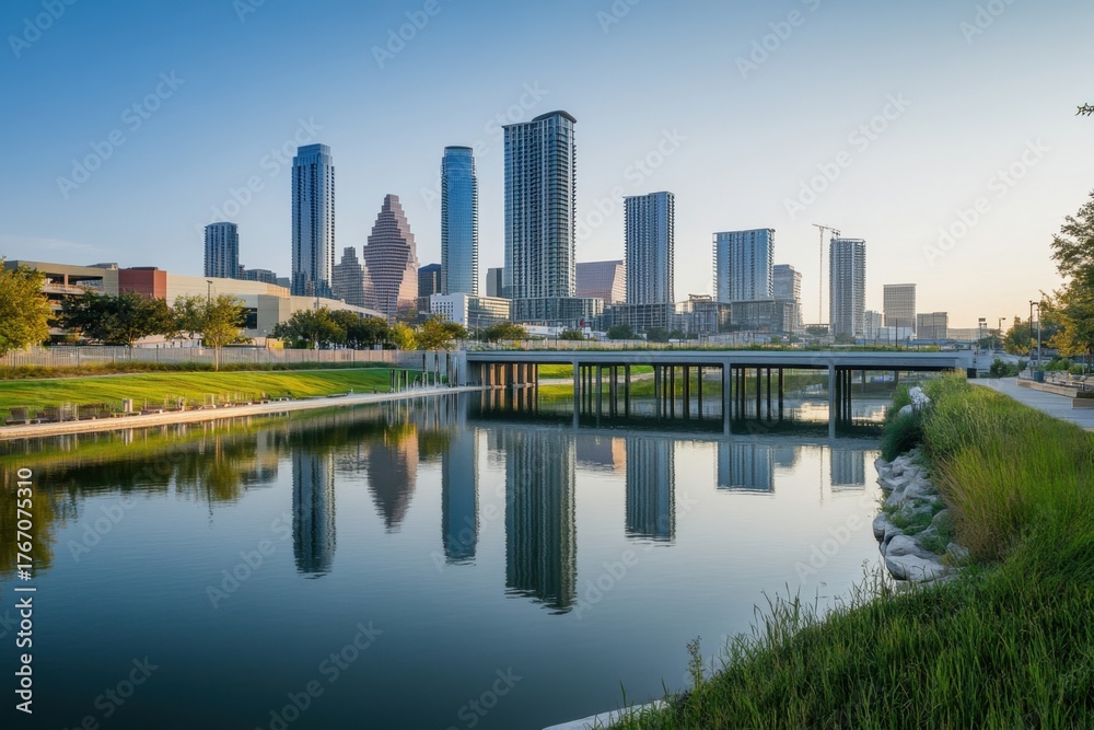 Fototapeta premium City skyline reflecting on calm water with green surroundings at dusk