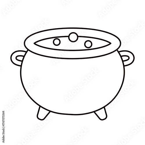 Black and white outline illustration of a witch cauldron. Simple Halloween doodle with bubbling potion for spooky design, coloring page, print, decoration. Hand drawn vector icon. Minimalist line art.