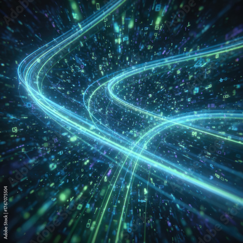 Background with glowing light blue and green lines, particles of data flowing in the air.