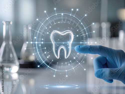 Futuristic dentistry, teeth care concept with glowing low polygonal human molar tooth.