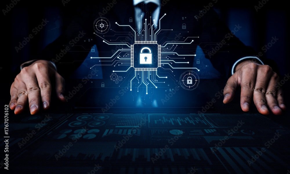 Naklejka premium Cyber security system protecting digital infrastructure. Cyber security ensures data safety, prevents breaches, cyber security strengthens defense, and supports secure operations. Vouch