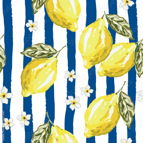 Yellow lemon citrus fruits, flowers, blue and white striped background. Vector illustration. Seamless pattern. Summer trendy design