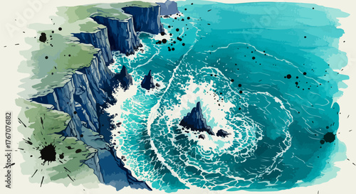 A dramatic coastal landscape featuring steep cliffs and a swirling ocean, rendered in a modern, artistic watercolor style vector illustration