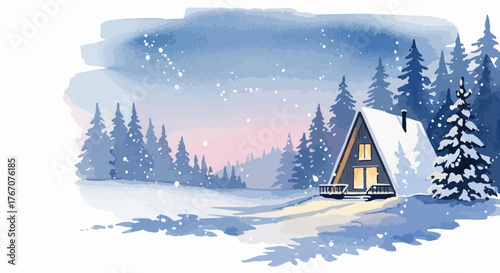 Charming A-frame cabin nestled in a snowy winter forest, beautifully rendered in a modern watercolor style, perfect for a serene and cozy seasonal illustration