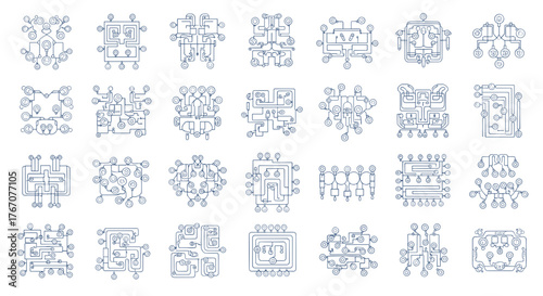 Collection of abstract circuit diagrams with circular terminals