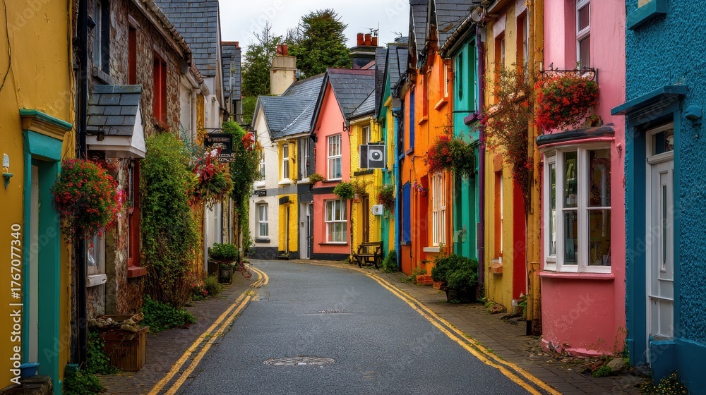 Fototapeta premium Charming Street Scene in Kinsale, Ireland: A Colorful Blend of History and Architecture in County Cork