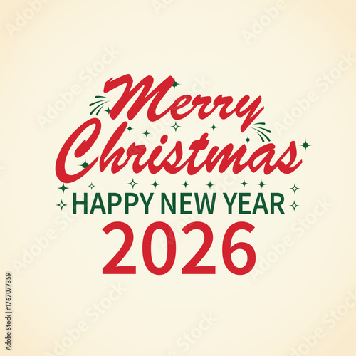 Festive merry christmas and happy new year 2026 greeting card isolated on white background