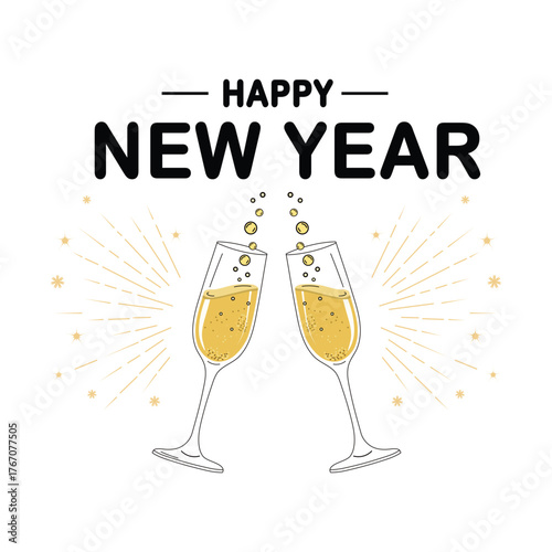 Illustration of two champagne glasses toasting for a happy new year isolated on white background