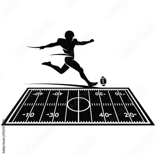 Silhouette of an american football player kicking the ball on a stylized field