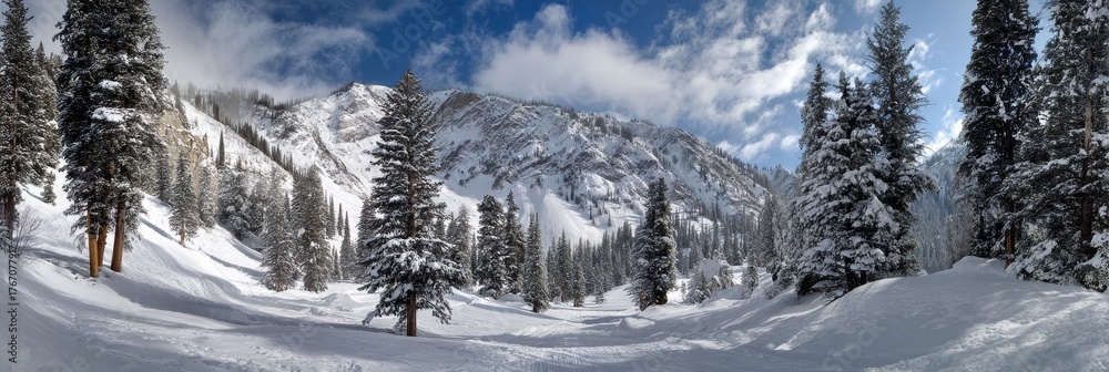 Obraz premium Winter Wonderland Panorama of Alta Utah: Snow-Covered Trees and Majestic Mountains Under a Crisp Sky