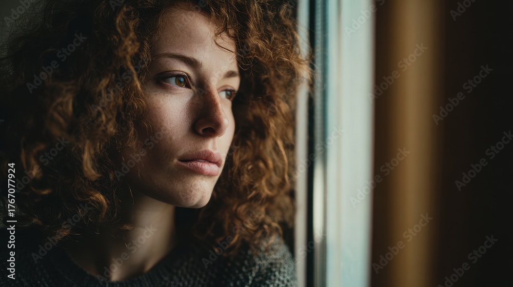Naklejka premium Contemplative Moment: Sorrowful Adult Woman Gazing Beyond the Window, Battling Agoraphobia and Anxiety at Home