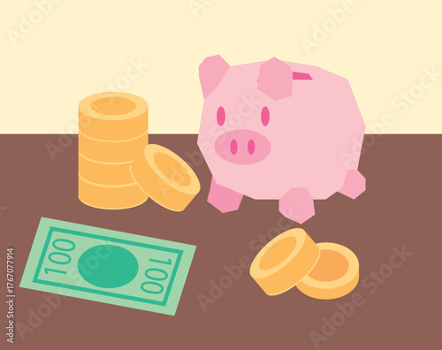 Ilustración plana de una alcancía rosa con monedas doradas y billetes sobre una mesa. Concepto de ahorro, finanzas personales y gestión del dinero. Diseño minimalista y colorido, ideal para temas fina