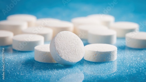 Close-Up of White Chlorine Tablets for Swimming Pool Maintenance in Automatic Dispenser