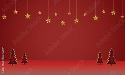 Festive christmas background with christmas trees and hanging stars on a red backdrop