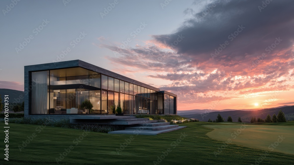 Fototapeta premium Modern house with glass walls at sunset in a scenic landscape view