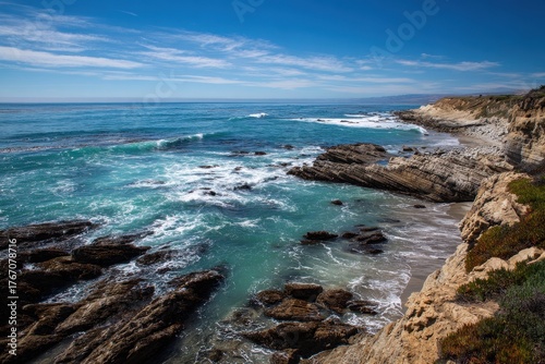 Scenic View of the Rugged Coastline at Montana De Oro State Beach, Showcasing Majestic Waves and Vibrant Landscape