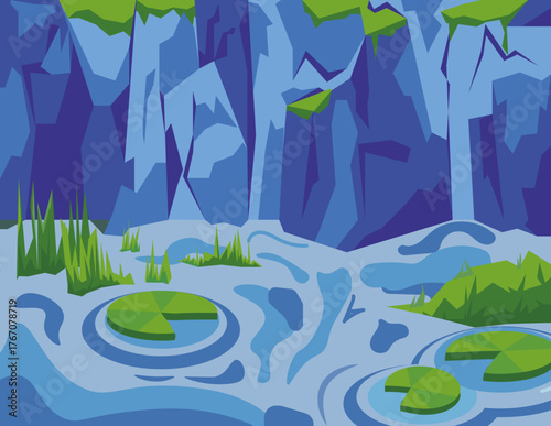 Ilustración vectorial de un paisaje natural con cascadas, rocas y vegetación verde. El agua fluye entre lirios y pasto, creando un ambiente tranquilo y refrescante. Diseño en estilo plano y geométrico