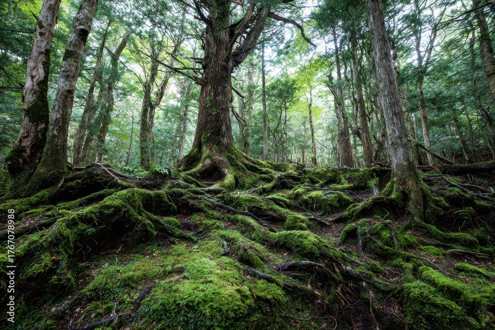Naklejka premium Lush Aokigahara: Mystical Forest of Green Trees and Mossy Landscapes in Japan