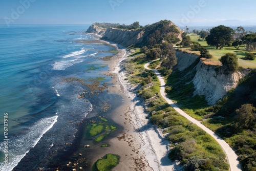 Aerial View of the Coastal Path Along Ellwood Mesa Bluffs, Goleta, California, Overlooking the Beach Without People