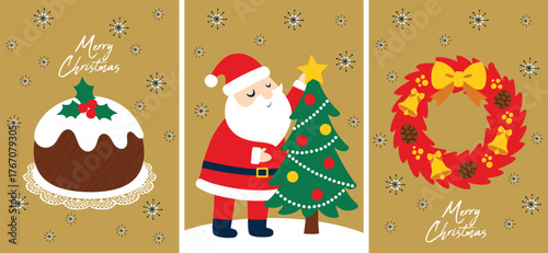 Festive Christmas illustration featuring Santa Claus placing a star on a decorated tree, surrounded by classic holiday symbols like a pudding and a red wreath for greeting cards, posters