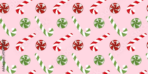 Vintage Seamless Christmas Pattern with candy cane, pastel pink striped background. For wrapping paper, fabric, holiday decor, packaging 