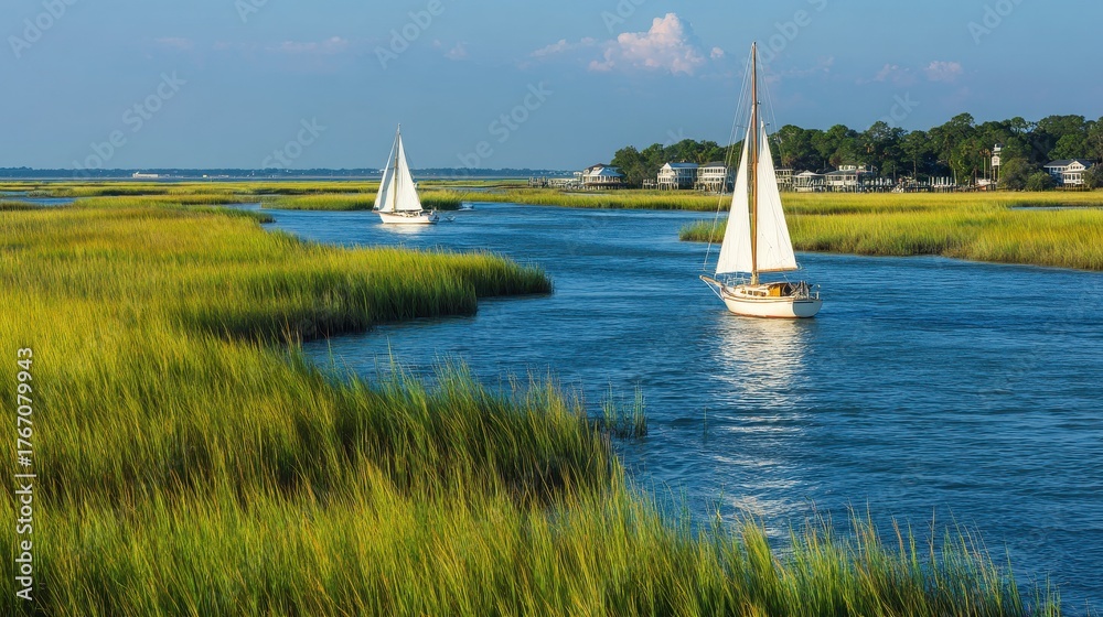 Naklejka premium Beautiful Scenic Overview of Sailboats Gliding Through the Vibrant Tidal Waters of the Cooper River in Charleston's Lush Lowcountry Marshlands