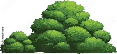 Green bush cluster vector illustration, layered foliage in mound shape, natural landscape element, gardening and environmental design concept