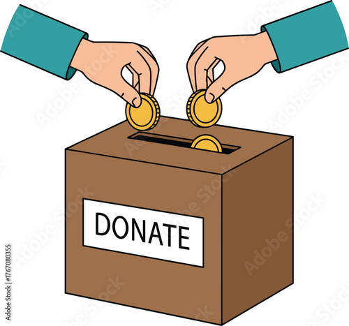 Donation box vector illustration, two hands placing gold coins, charity and giving concept, community support and fundraising design element