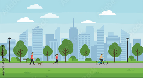 City park vector illustration, people walking, jogging, cycling on pathway, modern skyline background, outdoor activity and healthy lifestyle concept