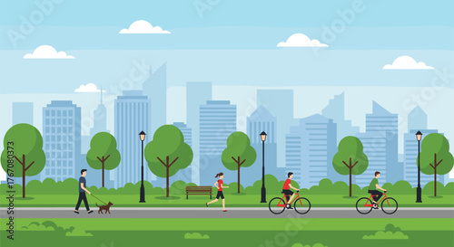 Urban park vector illustration, people walking, jogging, cycling on pathway, city skyline background, outdoor activity and healthy lifestyle concept