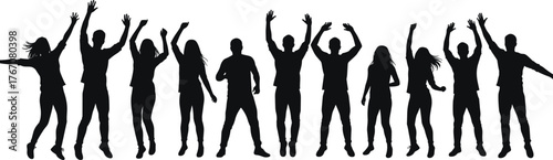 Jumping silhouette vector illustration, eleven expressive figures with raised arms, celebration and movement concept, joyful action and energy design