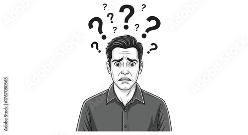 A man's worried face with question marks floating above his head.